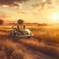 Young Couple Watching the Sunset in a Vintage Car Royalty Free Stock Photo