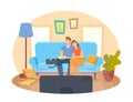 Young Couple Watching TV at Home. Male and Female Characters Sitting on Couch Together with Pizza and Cat on Weekend