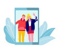 Young couple waving and smiling from tablet screen. Digital friendship and online communication. Virtual hello and