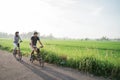 Young couple wear helmets to ride folding bikes in rice fields background Royalty Free Stock Photo