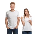 Young couple wearing blank t-shirts. Mockup for design Royalty Free Stock Photo