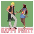 Young couple wearing hippie clothes of the 60s and 70s dancing