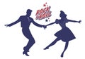 Young couple wearing 50`s clothes dancing rock and roll. Vector