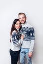 Loving winter couple on white background Royalty Free Stock Photo