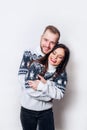 Loving winter couple on white background Royalty Free Stock Photo