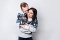 Loving winter couple on white background Royalty Free Stock Photo