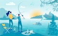 Young Couple went Fishing Together, Bright Cartoon