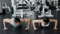 Young couple is working out at gym. Attractive woman and handsome muscular man are training in light modern gym. Pushing up Royalty Free Stock Photo