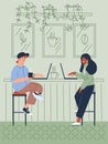 Young couple working together in cafe and drinking coffee, flat vector illustration. Royalty Free Stock Photo