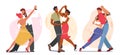 Young Couples Dancing Sparetime, Characters Active Lifestyle, Men and Women Spend Time Together Tango, Bachata or Salsa