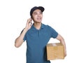 Young courier is holding a carton package and calling to the customer