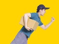 Young courier holding the parcel and running fast for the delivery