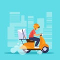 Young courier man in helmet riding on delivery scooter with parcel box. Fast delivery vector concept. Royalty Free Stock Photo