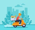 Young courier man riding on delivery scooter with food box. Grocery delivery vector concept Royalty Free Stock Photo