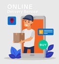 Young courier man from smartphone screen sending cardboard box isolated on background, Online delivery service concept.