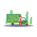 Young courier standing near food delivery track, holing pizza boxes. Flat vector design