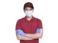 Young  couriers wear medical masks and gloves to protect  during the covid-19 epidemic Royalty Free Stock Photo