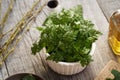 Young cow parsley leaves on a table - wild edible plant growing in late winter and early spring Royalty Free Stock Photo