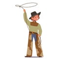 Young Cowboy Character Twirls Rope In A Vibrant Western Ensemble: Fringed Leather Pants, Boots, And A Wide-brimmed Hat