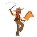 Young Cowboy Character In A Vibrant Costume, Atop A Wooden Horse, Gallops With Boundless Joy, Vector Illustration Royalty Free Stock Photo