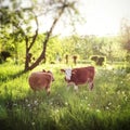 Young cows grazing at sunset Royalty Free Stock Photo