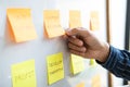 Young creative business people use post it notes sticky note on board to share idea, Analysis data chart and graph with planning Royalty Free Stock Photo