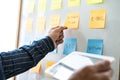 Young creative business people use post it notes sticky note on board to share idea, Analysis data chart and graph with planning Royalty Free Stock Photo