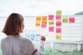 Young creative mobile application developer working with mobile template design screen and colorful sticky notes with things to do