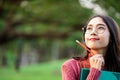 Creative student girl thinking or planning future. Royalty Free Stock Photo