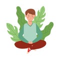 Young Cross-legged Boy Sitting on the Ground with Floral Leaves Behind Vector Illustration