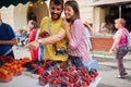 Young curious tourist couple exploring street market in Prague, Czech Republic. couple, in love, tourism, concept