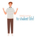 Young curly man in casual clothes. Student concept character. Welcome to student life quote. Vector illustration in a