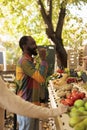 Young customer buying fruits and vegetables from local vendor