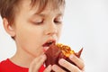 Young cut boy eating a tasty muffin on white background close up Royalty Free Stock Photo