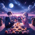 A young and cute anime couple lovers in a rooftop, enjoy the lovely night with moon, snacks, fruits, juice, starry sky