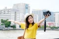 Young cute asian woman travler in casual style making camera selfie in the urban city outdoors background, woman selfie, people