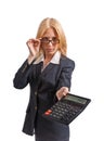 Young cute blond office woman with calculator. Iso