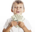 Young cute boy holding lot of cash, american Royalty Free Stock Photo