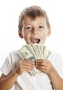 Young cute boy holding lot of cash, american Royalty Free Stock Photo