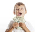 Young cute boy holding lot of cash, american Royalty Free Stock Photo