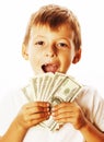 Young cute boy holding lot of cash, american dollars isolated Royalty Free Stock Photo