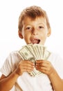 Young cute boy holding lot of cash, american dollars Royalty Free Stock Photo