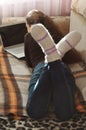 Young Cute Female Student Doing Homework in Bed Royalty Free Stock Photo