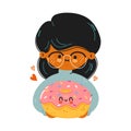 Young cute funny girl hold Donut in hand. Girl hugs cute Donut. Vector hand drawn doodle style cartoon character