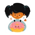 Young cute funny girl hold Donut in hand. Girl hugs cute Donut. Vector hand drawn doodle style cartoon character