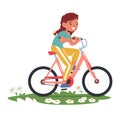 Young Cute Girl Character With A Beaming Smile, Pedals Her Colorful Bicycle Down The Sunlit Path, Vector Illustration Royalty Free Stock Photo