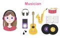 Young cute girl with long hair in headphones. Set of flat vector musical instruments guitar, drum, saxophone, music Royalty Free Stock Photo