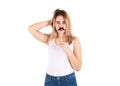 Young cute girl with moustache, studio Royalty Free Stock Photo