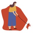Young cute girl walking with a dog. illustration for service of pet sitter, walker, vet clinic, pet care, hospital, dog shelter.