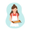 Young cute housewife holds a tray with hot pastries. Vector illustration in cartoon style